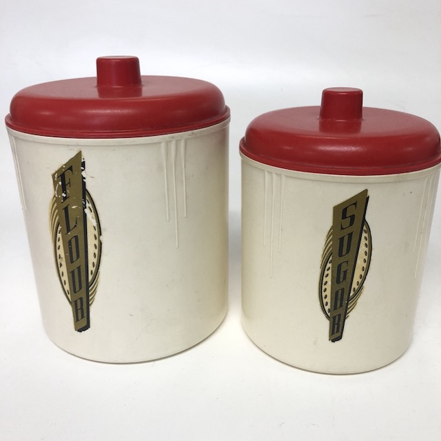 CANNISTER SET, 1950s Cream Bakelite w Red Lid and Gold Label (Set of 2) 